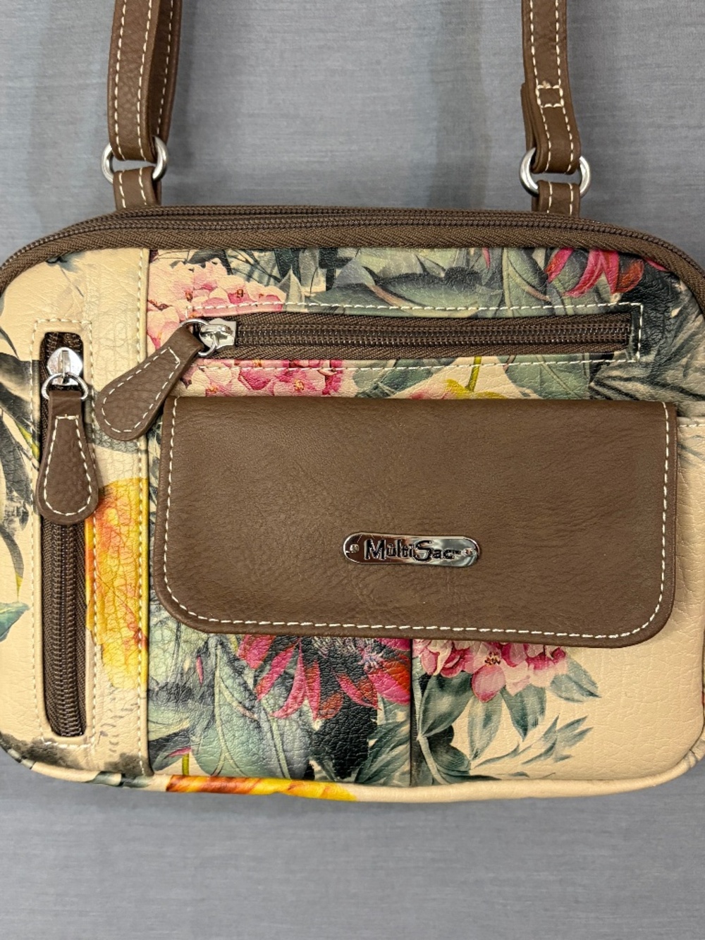 Multisac Zippy Triple Compartment Crossbody Bag Floral Boho Faux Leather